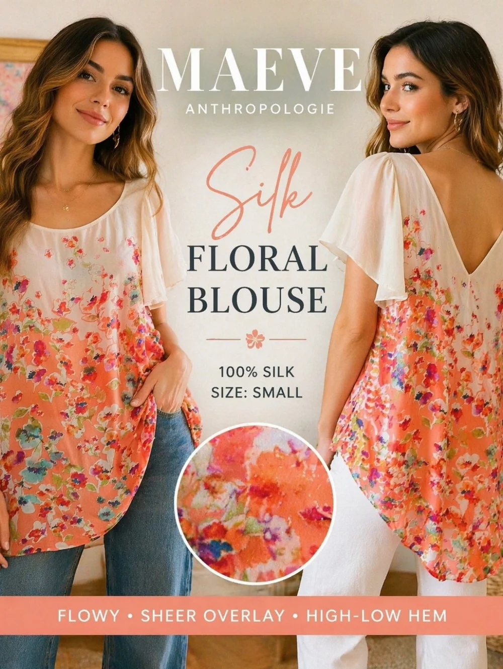 Maeve Anthropologie Silk Floral Blouse | Sheer Overlay High-Low Hem Boho Top S - Picture 1 of 5